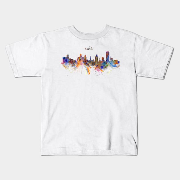 Watercolor Painting - Buffalo City Skyline Kids T-Shirt by Marian Voicu